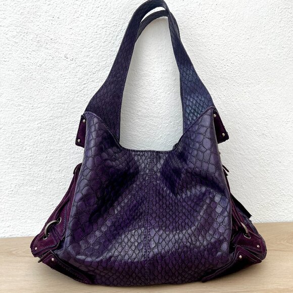 Jessica Simpson (2011) Croc Embossed Satchel Purple Faux Leather Shoulder Bag - Picture 2 of 16